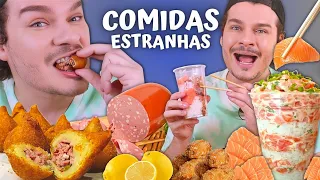 PROVAMOS COMIDAS ESTRANHAS DO APLICATIVO: COXINHA DE MORTADELA COM LIMÃO E COMIDA JAPONESA NO COPO