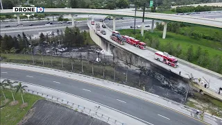 Tanker falls off highway ramp, causing massive fire after crashing