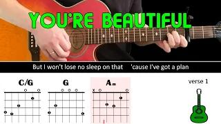 YOU'RE BEAUTIFUL - James Blunt - Guitar lesson - (Acoustic guitar with ALTERNATIVE chords & lyrics)