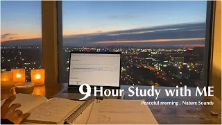 9-HOUR STUDY WITH ME| Rain + Sunset View| White Noise for Studying|POMODORO 60/10| Mindful Studying|