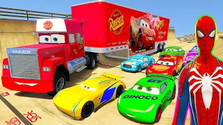 SPIDERMAN McQueen and Friends Long JUMP Challenge ! SUPERHERO HULK Mack Truck Disney Castle  - GTA V