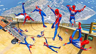 Team Spiderman Falling from Longest Ramp in GTA 5 - Jumping from Highest in GTA 5 😲