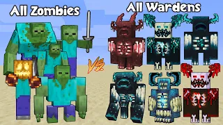All powerful Zombies Vs All Powerful Wardens / Minecraft Mob Battle