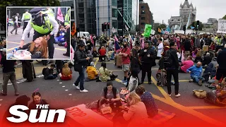 Extinction Rebellion activists cause chaos as they block London's Tower Bridge and lie in the road