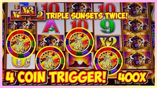 4 Coin Trigger!!! - Buffalo Gold Revolution Slot Machine - Triple Sunsets - 400X Session Win!