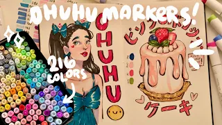 SKETCHBOOK SESSION 🍰🦋 trying out OHUHU ALCOHOL MARKERS (216 colors)