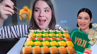 МУКБАНГ роллы от Иды Галич Вкусно? Моя реакция внутри обзор YOGJI сет роллов с лососем mukbang sushi