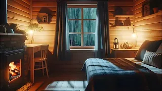 Night Cozy Cabin Ambience with Rain and Fireplace Sounds,Let the sound of rain wash away your stress