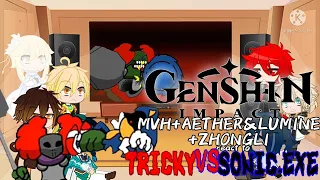 [GENSHIN IMPACT]MVH+AETHER&LUMINE+ZHONGLI REACT TO TRICKY VS SONIC.EXE