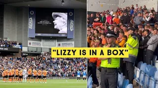 Dundee United fans Boo and Chant "Lizzy is in a box" during the minute silence for Queen at Ibrox