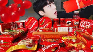 ASMR MUKBANG | RED FOOD JELLY CANDY Desserts (FIRE Noodles, Ice cream chocolate) Convenience store