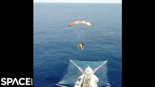 SpaceX boat catches rocket fairing half in giant net in amazing aerial views!