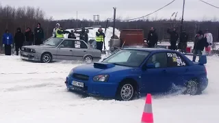 Subaru Impreza WRX EJ20 vs BMW E30 325ix 2.8 Turbo xDrive uphill drag race @ snow