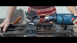 Homemade drill powered mini lathe machine. drill powered metal lathe machine.