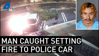 Man Caught on Surveillance Setting Fire to Hawthorne Police Car | NBCLA