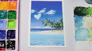Paint With Me #14 | Beach Gouache Painting Tutorial For Beginners | Ocean Beach Scenery Gouache