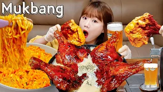 Sub)Real Mukbang- Super-Sized Roasted Chicken Legs 🍗 Fire Noodles (Buldak) 🔥 Beer 🍺 ASMR KOREAN FOOD