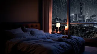 Cozy Bedroom With A Night View Of City In Heavy Rain | Rain Sounds, Rain On Window