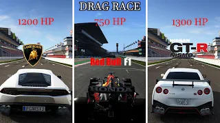 F1 Car v 1200hp Lamborghini v 1300hp GT-R NISMO: DRAG RACE #carwow remake
