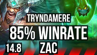 TRYNDAMERE vs ZAC (TOP) | 85% winrate, 6/2/8 | NA Grandmaster | 14.8