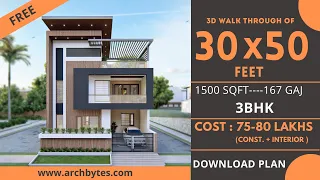 30x50 House Design 3D | 1500 Sqft | 167 Gaj  | 3 BHK | Modern  Design | Terrace Garden | 9x15 Meters