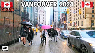 🇨🇦 【4K】⛈️⛈️⛈️ Rain Walk in Downtown Vancouver BC. Travel Canada. Relaxing Walk.