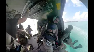 Soldiers practice jumping out of Black Hawk and Chinook helicopters