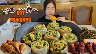 REAL MUKBANG💥ОСТРАЯ ХРУСТЯЩАЯ КУРОЧКА И НЕЖНЫЕ ПАРОВЫЕ ПИРОЖКИ С ОТКРЫТОЙ НАЧИНКОЙ