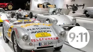 In the Porsche Museum by night: A camera drone encounters legendary Porsche vehicles.
