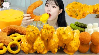 ASMR MUKBANG| Chicken covered with Cheese, Fried Kielbasa Sausage, Cheese ball, Onion rings.