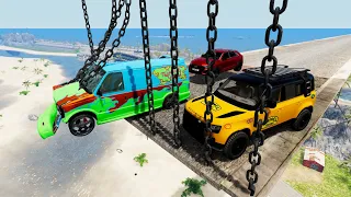 Jeep & Vans High Speed Jumps In Water Through Vertical Giant Chain - BeamNG Drive High Speed Jumps