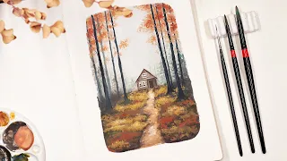 🍂 Step by Step Misty Fall Forest // Gouache Painting Tutorial