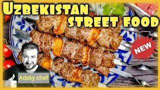 Uzbekistan street food. pilaf rice. kebab. central asia.