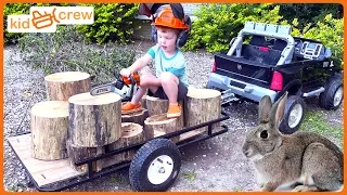 Helping animals with toy chainsaw and kids ride on truck. Educational how chainsaws work | Kid Crew