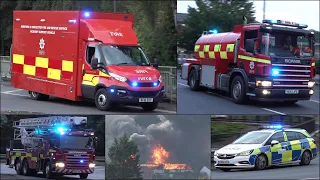 Fire trucks responding to a Major Factory Fire in Kidderminster