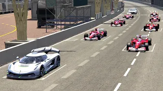 Koenigsegg Jesko vs 2000s Ferrari F1 Cars - Monaco