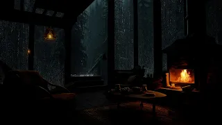 Cozy Rain Ambience in Cozy Wooden House in the forest with Rain falling on window and Crackling Fire