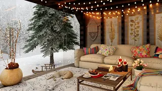 Winter Cozy Terrace Ambience with Falling Snow Sounds for Relaxation and Sleep