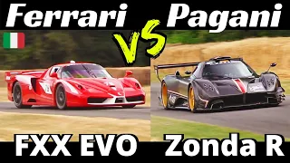 Ferrari FXX Evo vs Pagani Zonda Revolucìon - EPIC V12 N/A Engine Sound Comparison - Goodwood FOS