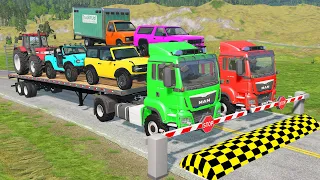 Double Flatbed Trailer Truck vs Speedbumps - Train vs Cars - Tractor vs Train - BeamNG.Drive #003