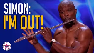 Simon Cowell STORMS OFF After Terry Crews Plays Flute with Stripper Act!