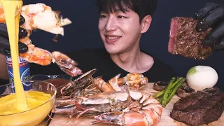 킹 블랙 타이거새우 부채살 스테이크 먹방!!  / KING TIGER SHRIMP & STEAK & STRETCHY CHEESE MUKBANG えび