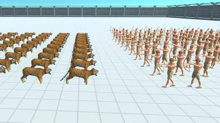 100 Tiger vs 100 Archer & 100 Great BulldogAnt  - Animal Revolt Battle Simulator