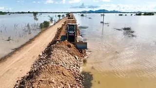 Interesting Road Construction!! Repairing The Road On River With Big Dump Trucks, Shantui Bulldozer