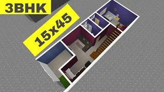 15x45 House plan Design in 3D with 3BHK and Car Porch || 15 by 45 Home Design || Ghar Ka Naksha