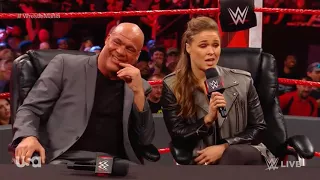 Rowdy Ronda Rousey embarissing Stephanie McMahon and Triple H and Kurt Angle Can't stop laughing.
