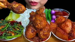 MUKBANG EATING||SPICY CHICKEN WITH POTATO CURRY, SPICY GOURD LEAF & WHITE RICE