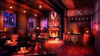 Rainy Night Ambience in Medieval times Tavern with crowd sound and crackling fire