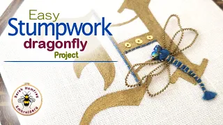 How to stitch this easy stumpwork/raised work embroidered dragonfly in under 1 hour!