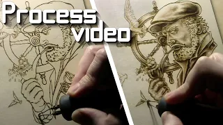 Drawing on wood with hot wire - wood burning technique | Sea captain